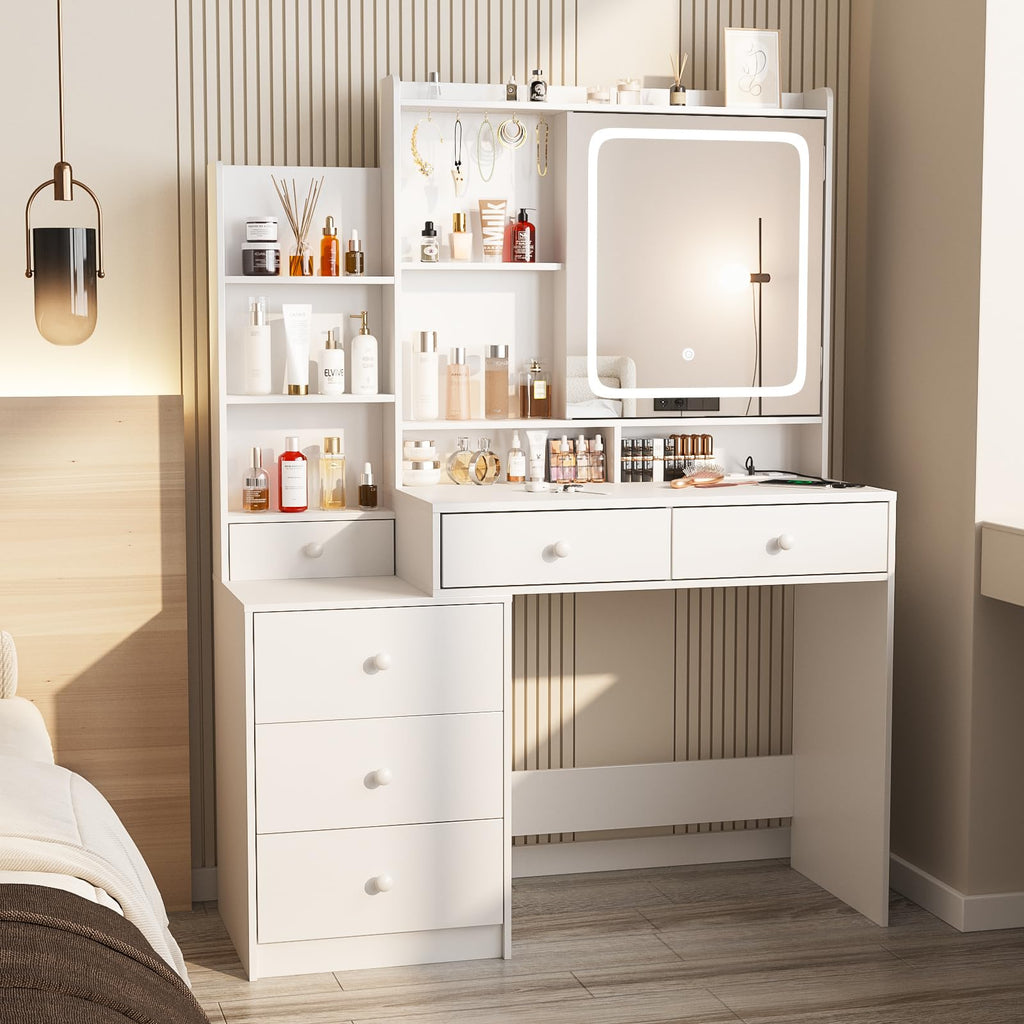 White Vanity Desk with Lighted Mirror and 6 Drawers J649119