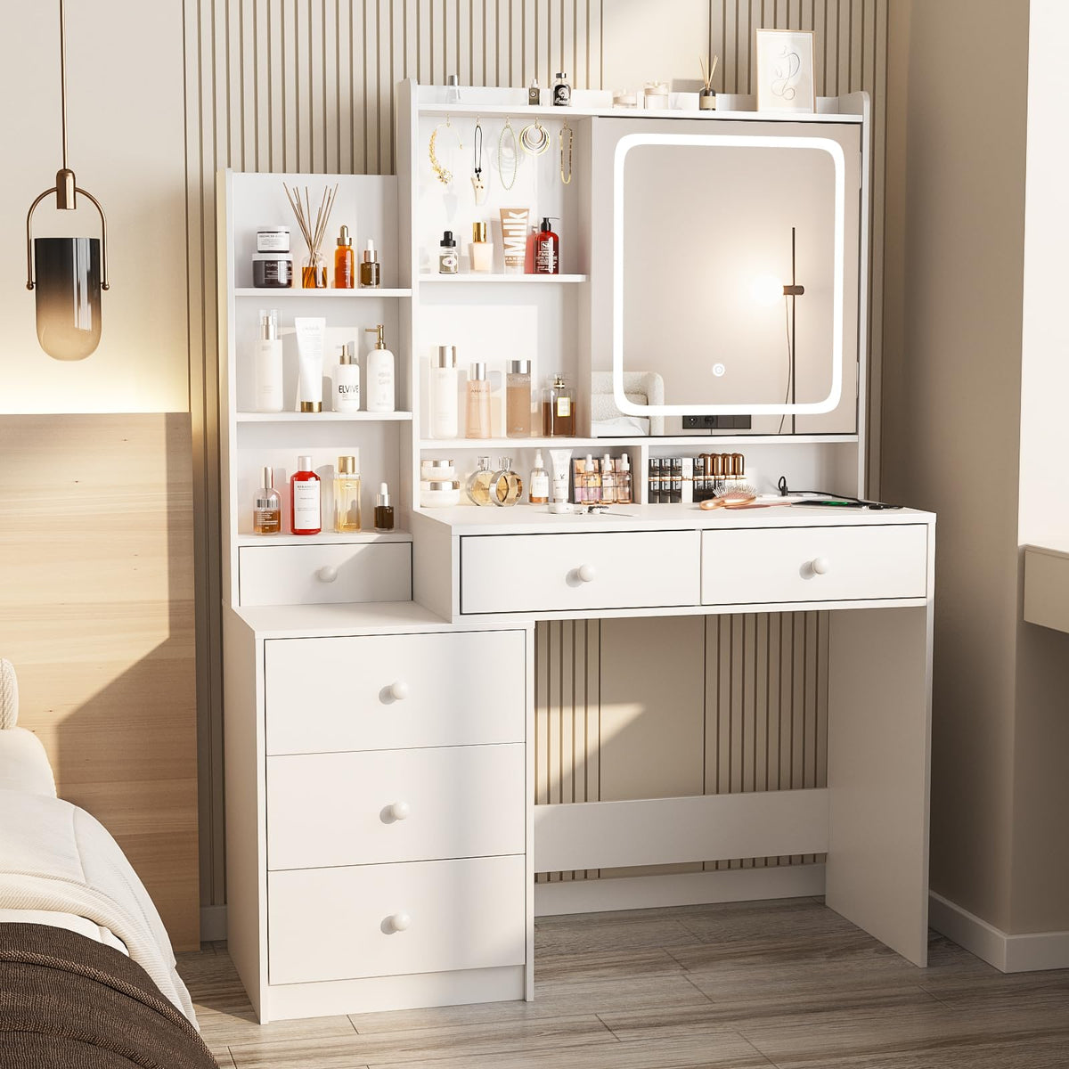 White Vanity Desk with Lighted Mirror and 6 Drawers J649119