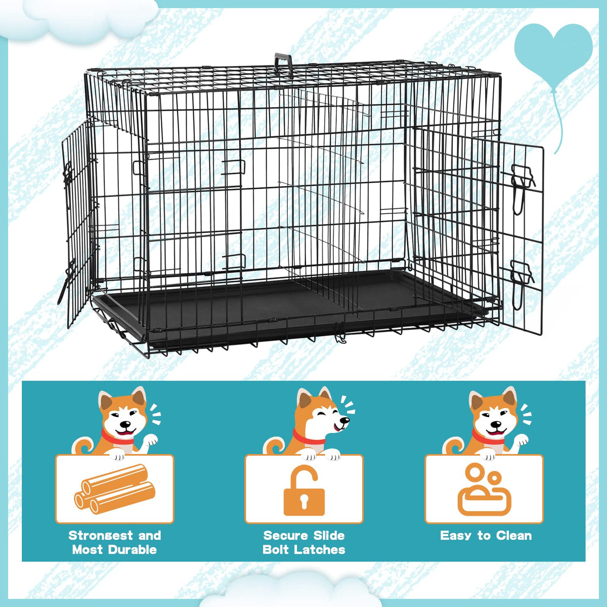 36 Inch Double-Door Metal Dog Crate with Tray and Divider L3477