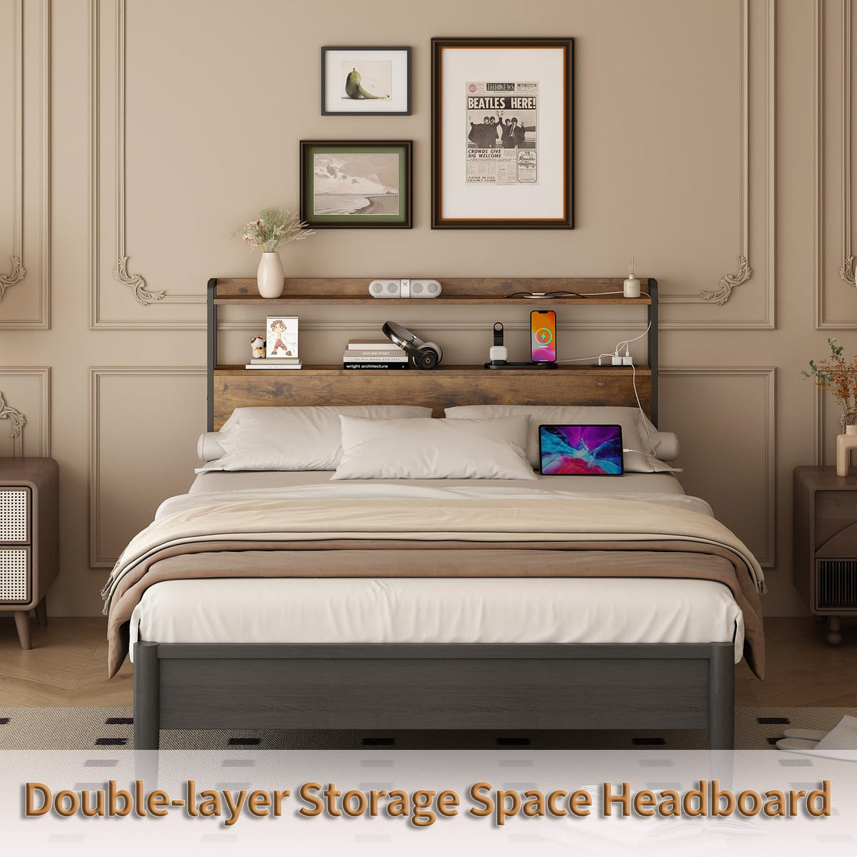 Adjustable Full Size Headboard with Outlets USB Ports Type-C LED Lights and Storage Rustic Brown Q683