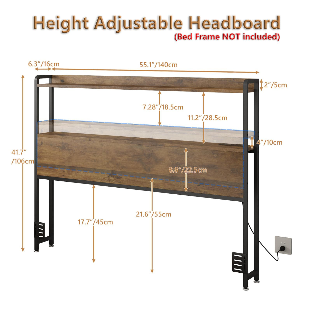 Adjustable Full Size Headboard with Outlets USB Ports Type-C LED Lights and Storage Rustic Brown Q683