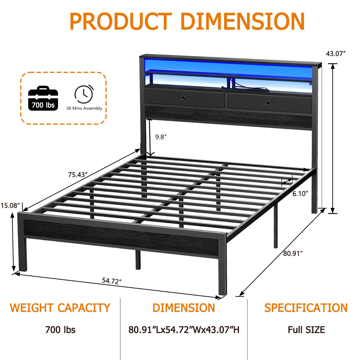 Full Size Bed Frame with Headboard & 2 Fabric Drawers B968