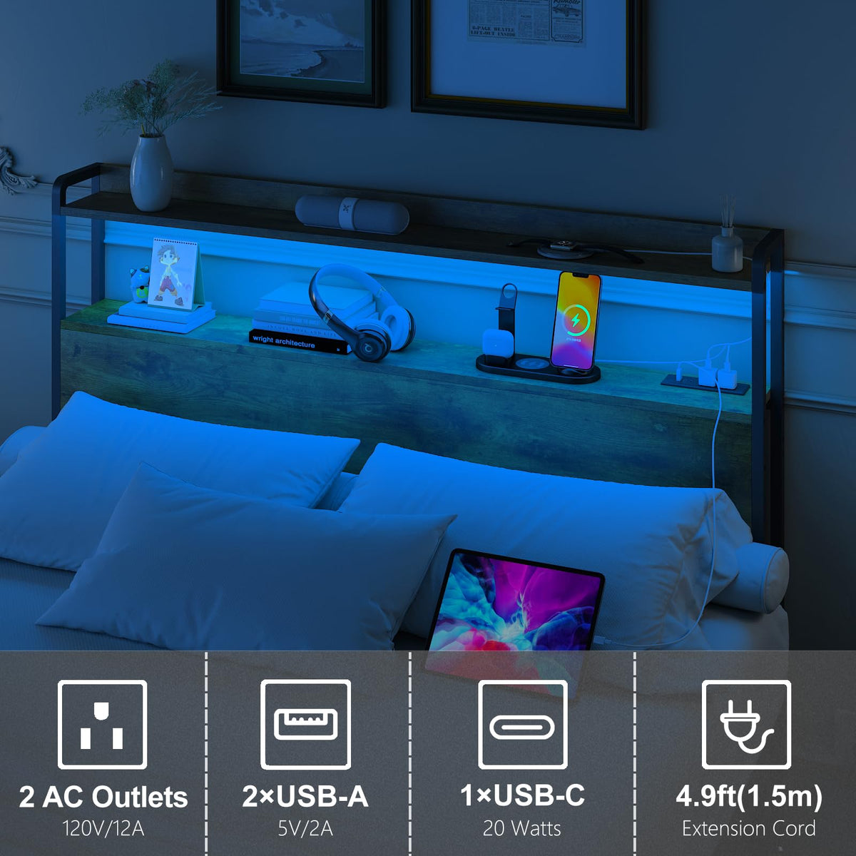 Adjustable Full Size Headboard with Outlets USB Ports Type-C LED Lights and Storage Rustic Brown Q683