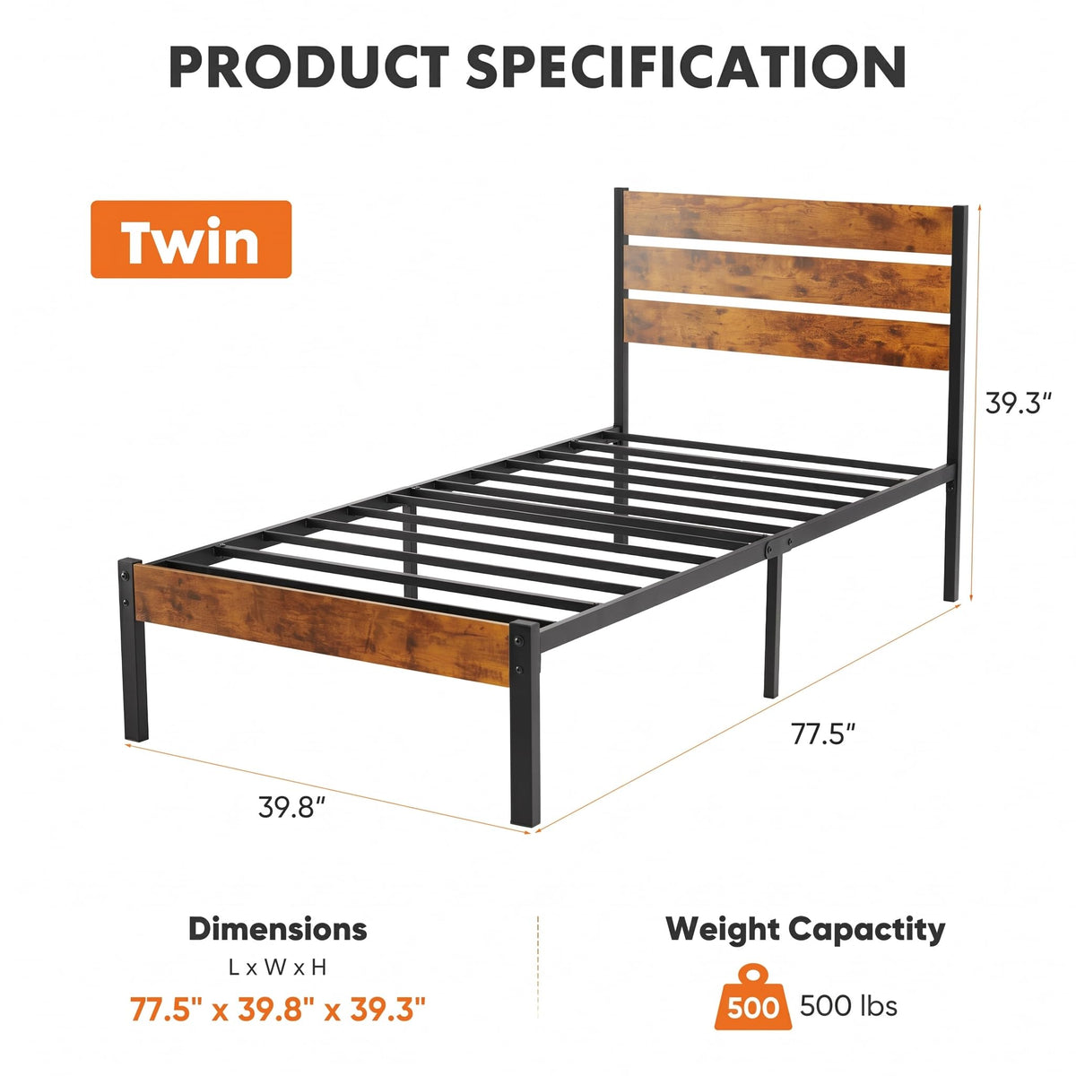 Twin Wood Bed Frame with Headboard S606