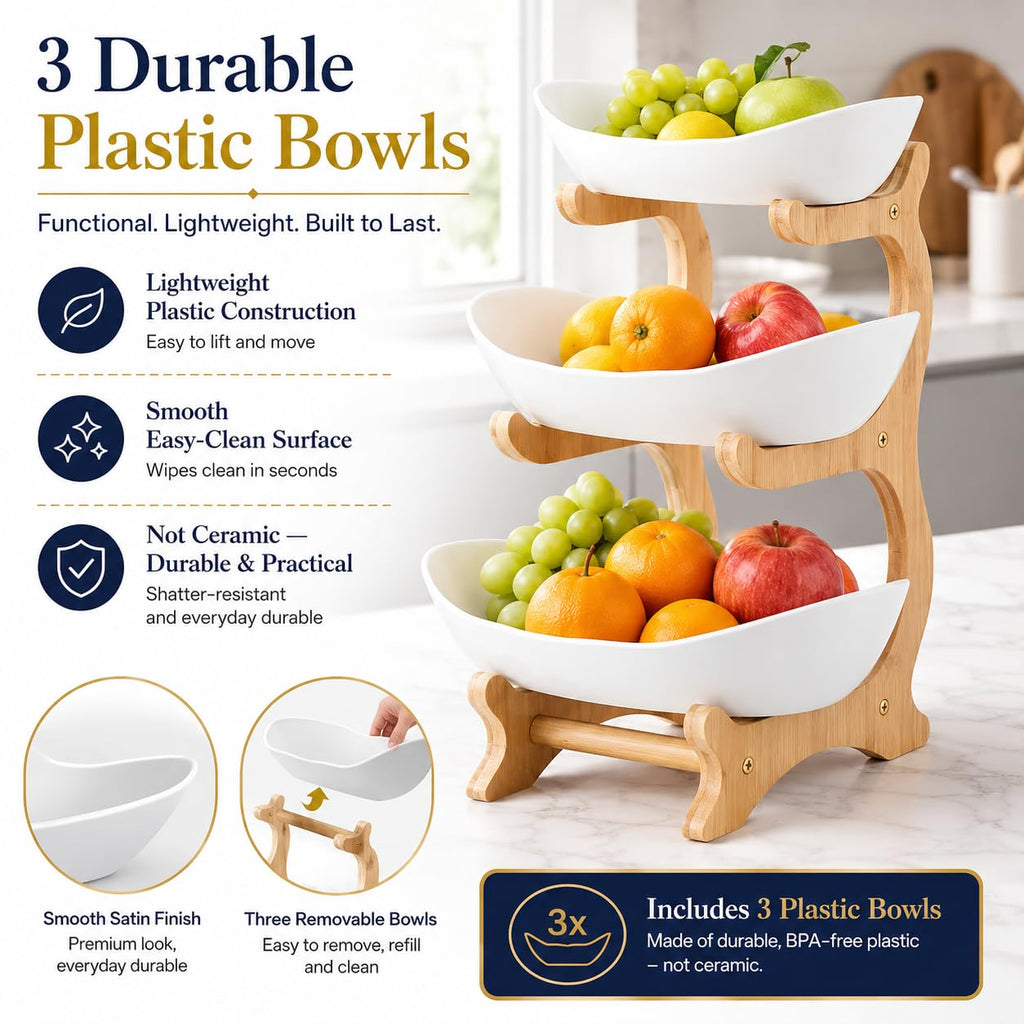 3-Tier Plastic Fruit Bowl Basket with Bamboo Stand L40519