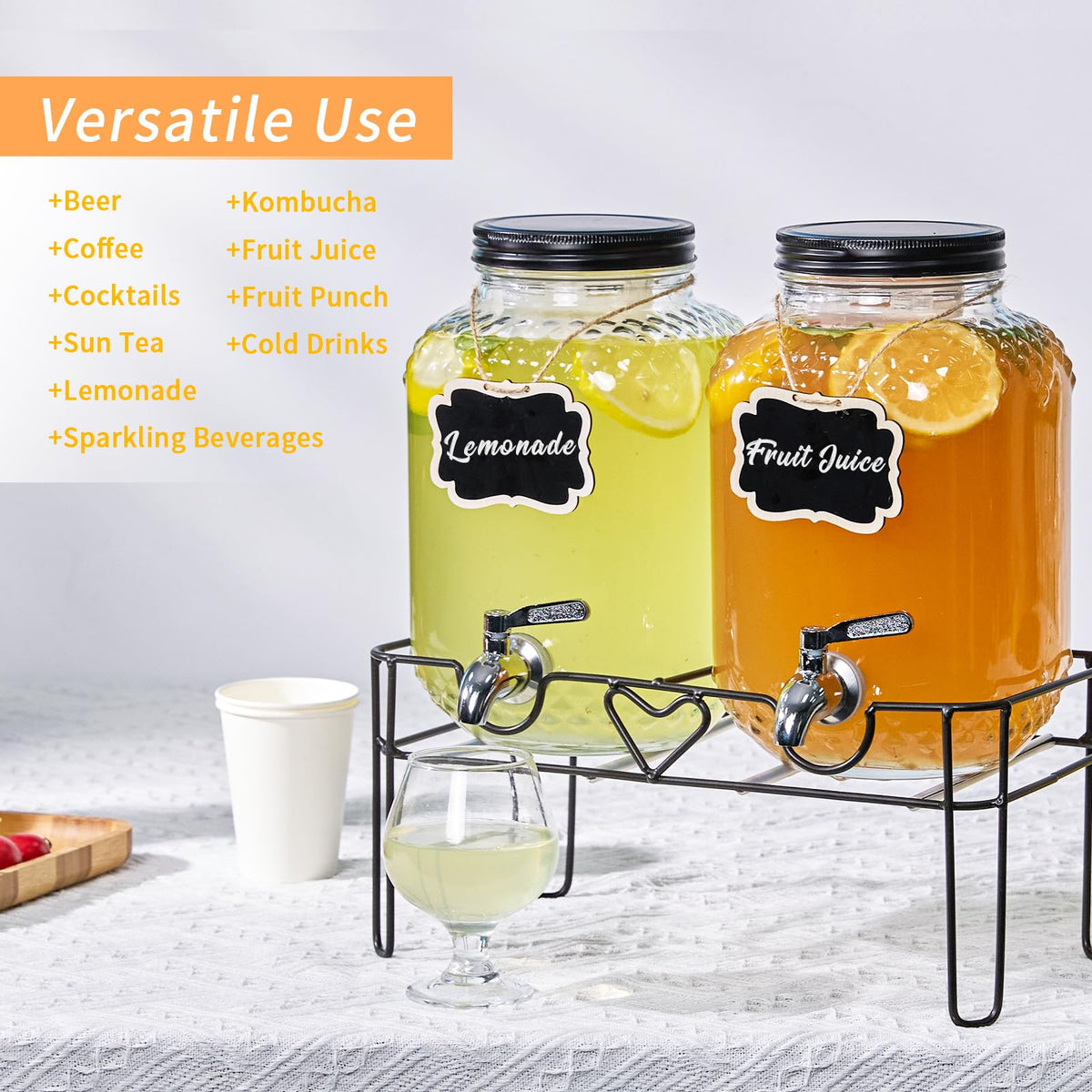 1 Gallon Glass Beverage Dispenser with Stand and Fruit Infuser X140