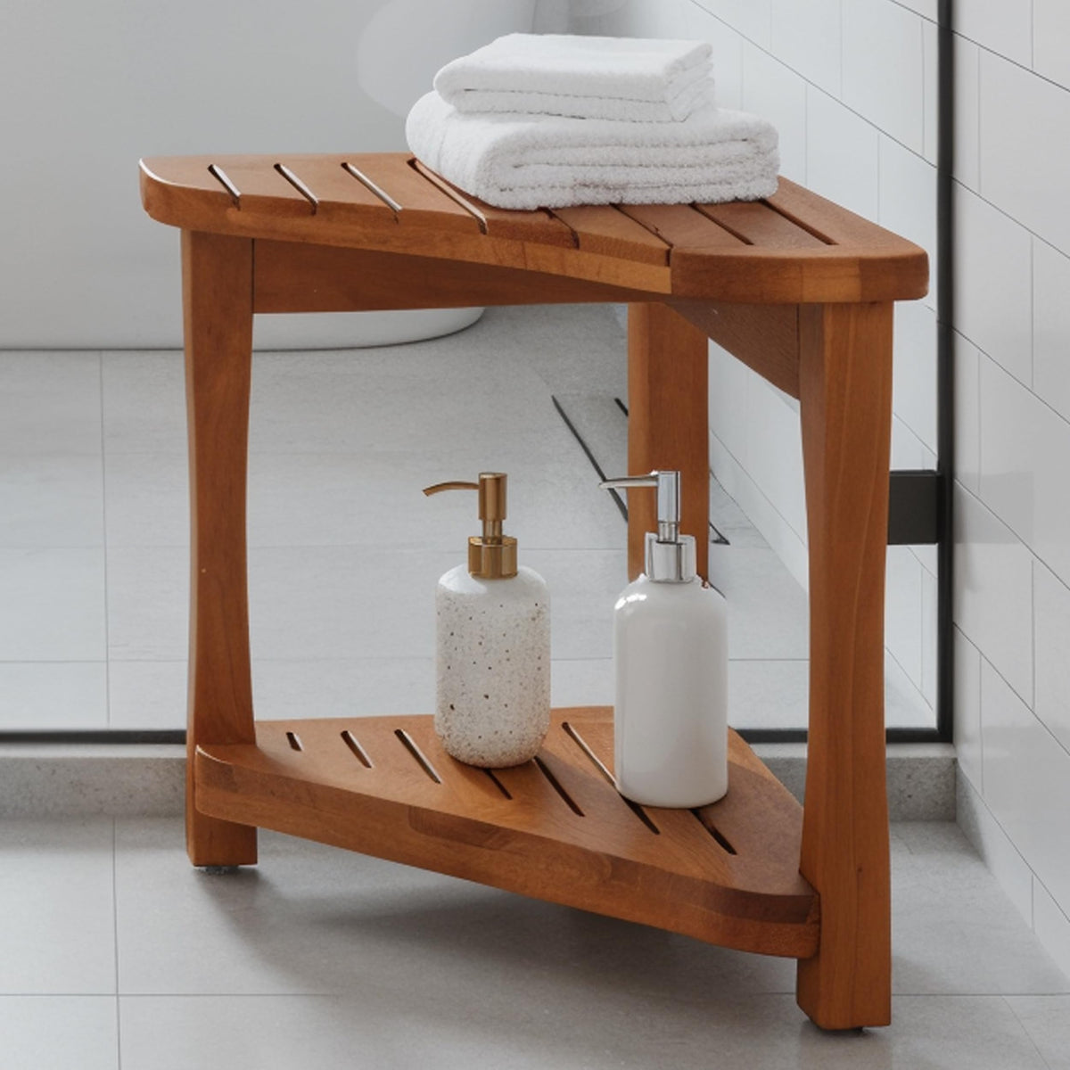 Teak Corner Shower Bench with Storage Shelf Q87459