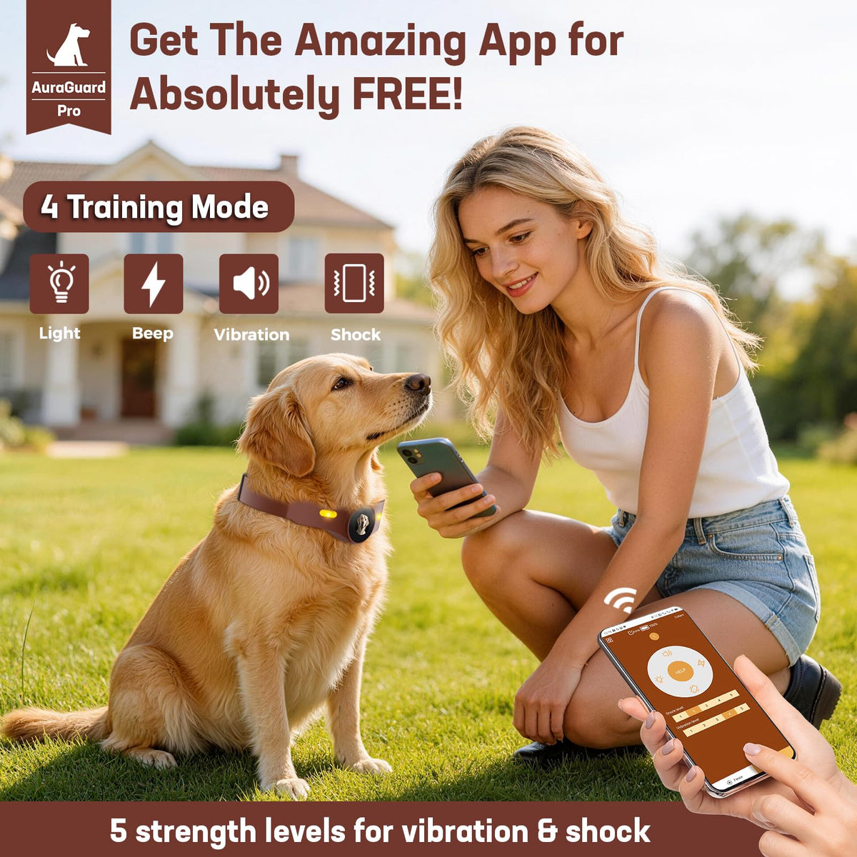 Wireless Dog Fence Collar, 64-3280ft Adjustable, Rechargeable IP7 Waterproof, Brown F5723