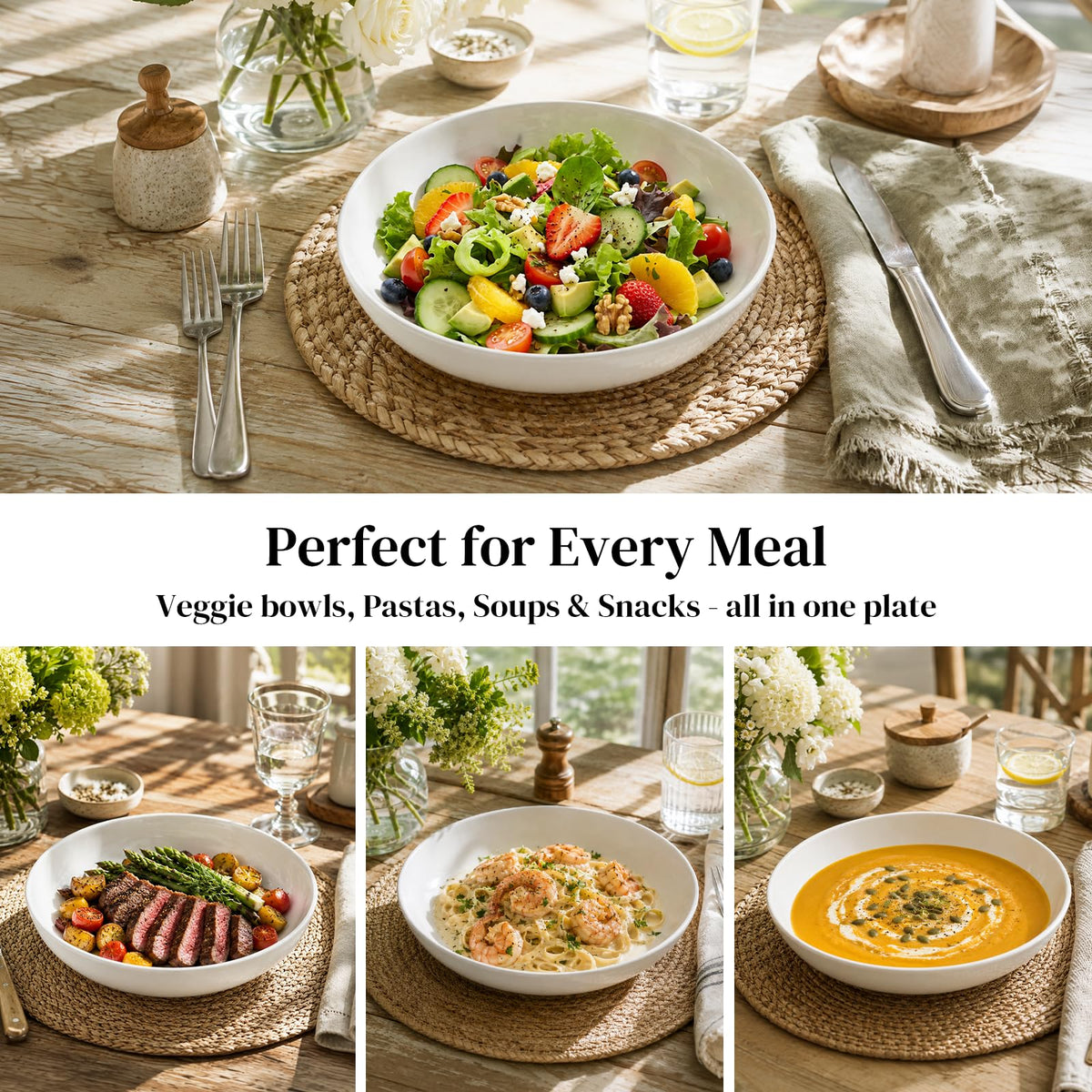 9.75" 50 Ounces Ceramic Pasta Bowls Set of 4 White R64701