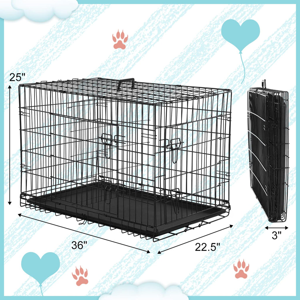 36 Inch Double-Door Metal Dog Crate with Tray and Divider L3477