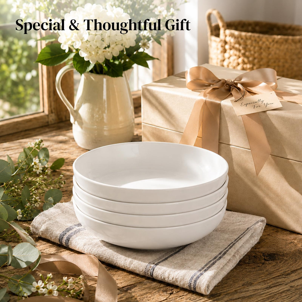 9.75" 50 Ounces Ceramic Pasta Bowls Set of 4 White R64701