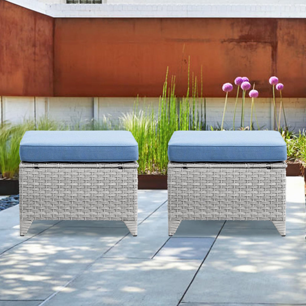 Wicker Outdoor Ottomans Set of 2 Handwoven Rattan Footstools with Removable Cushions C414963