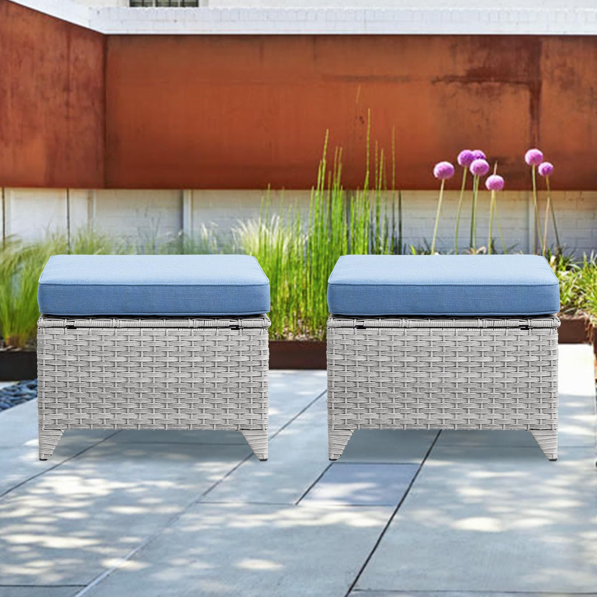 Wicker Outdoor Ottomans Set of 2 Handwoven Rattan Footstools with Removable Cushions C414963