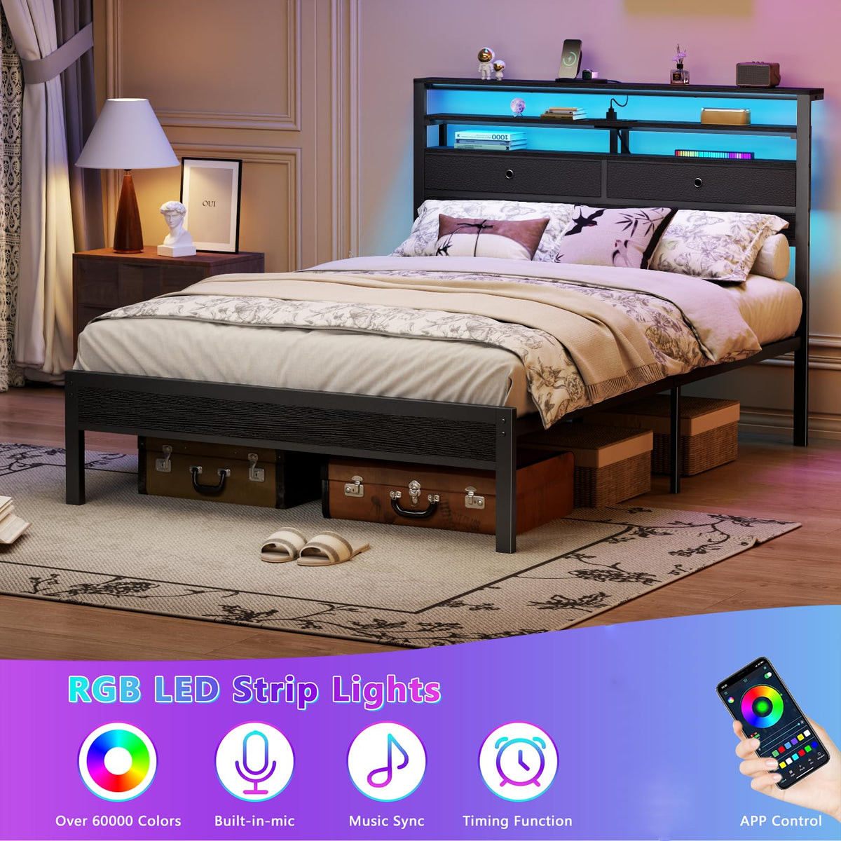 Full Size Bed Frame with Headboard & 2 Fabric Drawers B968