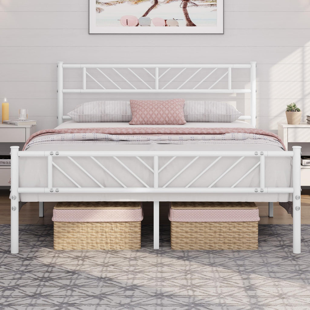 White Full Metal Platform Bed Frame with Arrow Design Headboard Q71446