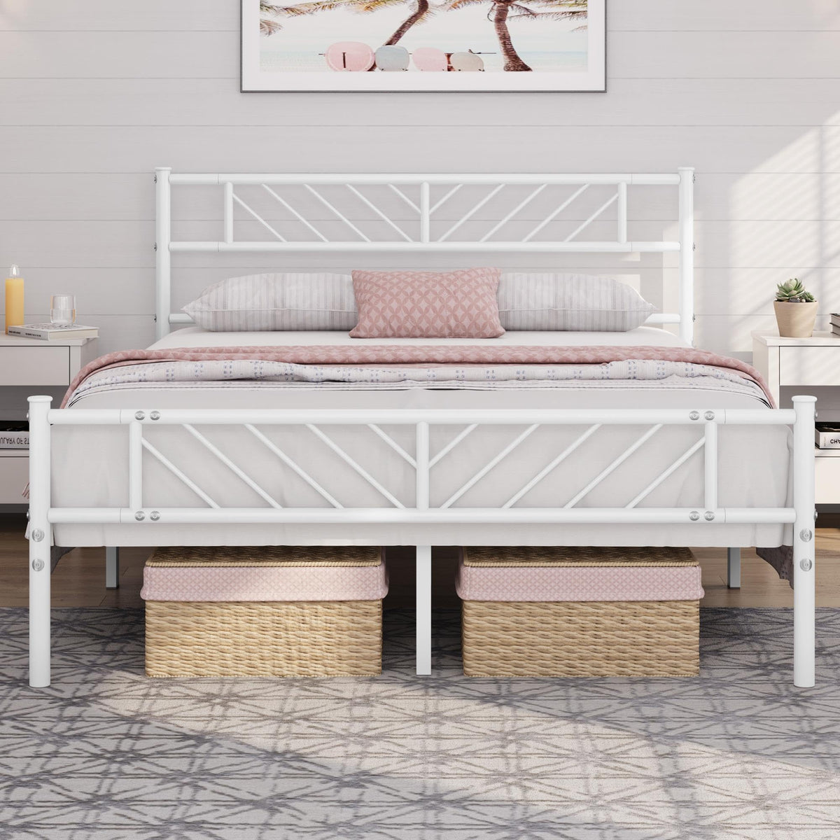 White Full Metal Platform Bed Frame with Arrow Design Headboard Q71446