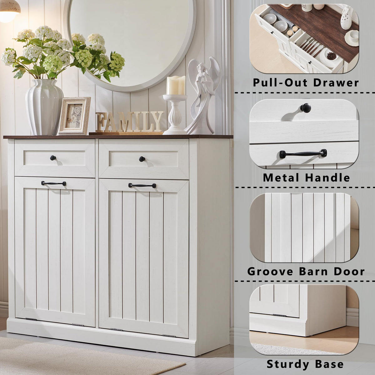 Double Tilt Out Wood Trash Cabinet Antique White I67648