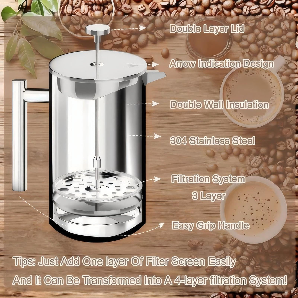 Stainless Steel French Press Coffee Maker 34oz I762420