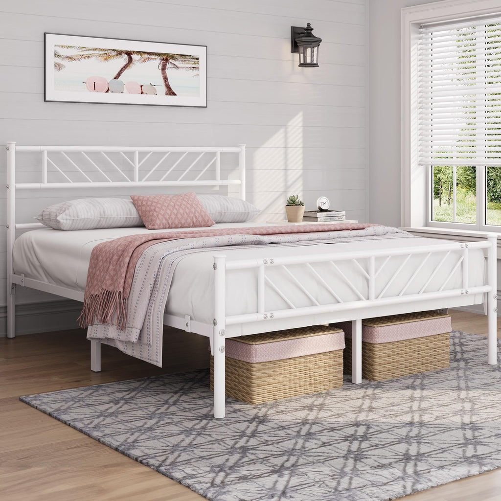 White Full Metal Platform Bed Frame with Arrow Design Headboard Q71446