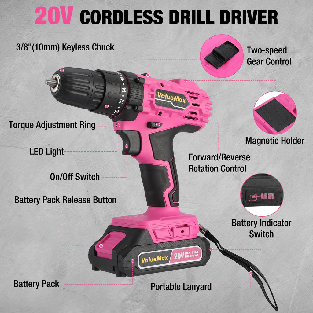 Pink 20V Cordless Drill Set with Battery and Charger J19669