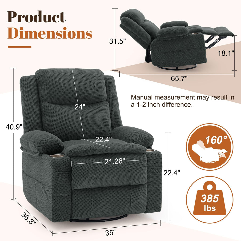 Gray Swivel Rocker Recliner with Massage & Heat B2995