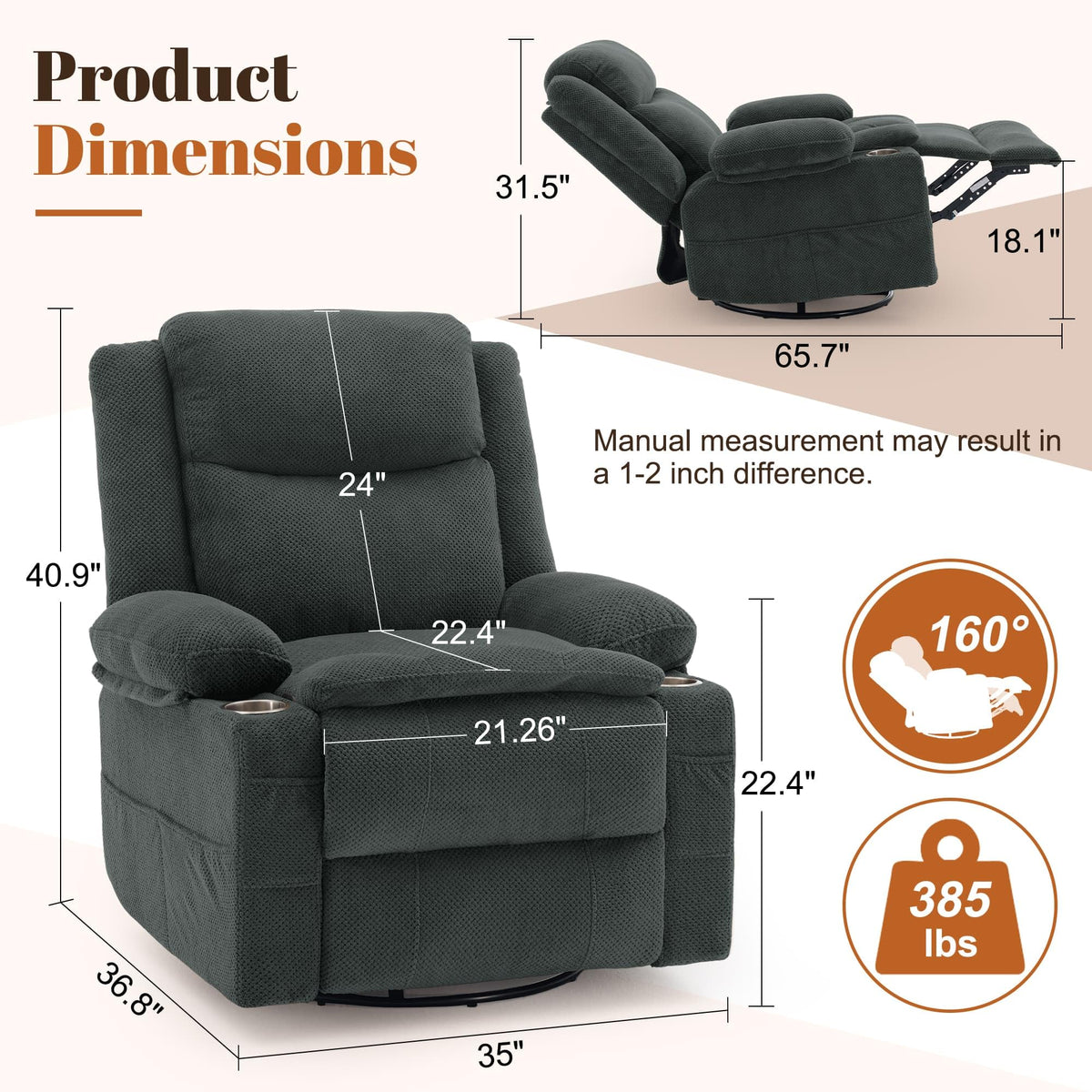 Gray Swivel Rocker Recliner with Massage & Heat B2995