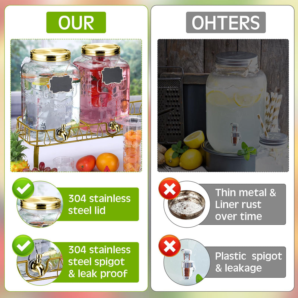 3 Pcs 2 Gallon Glass Drink Dispenser with Stand and Lid N97613