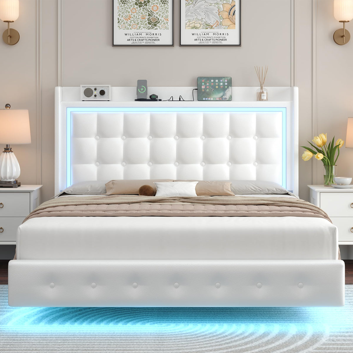 Queen Floating Bed Frame with Storage Headboard, LED Lights & Charging Station M5895