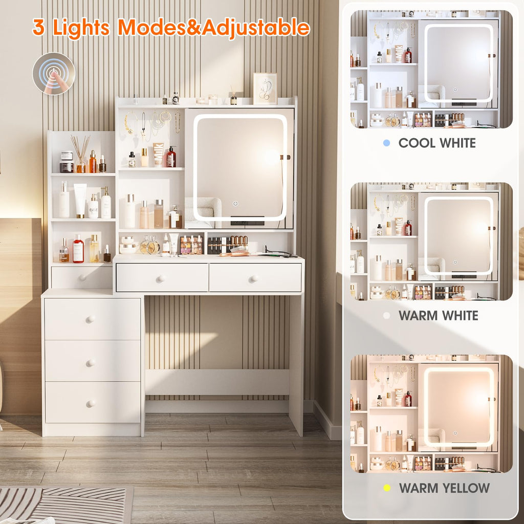 White Vanity Desk with Lighted Mirror and 6 Drawers J649119