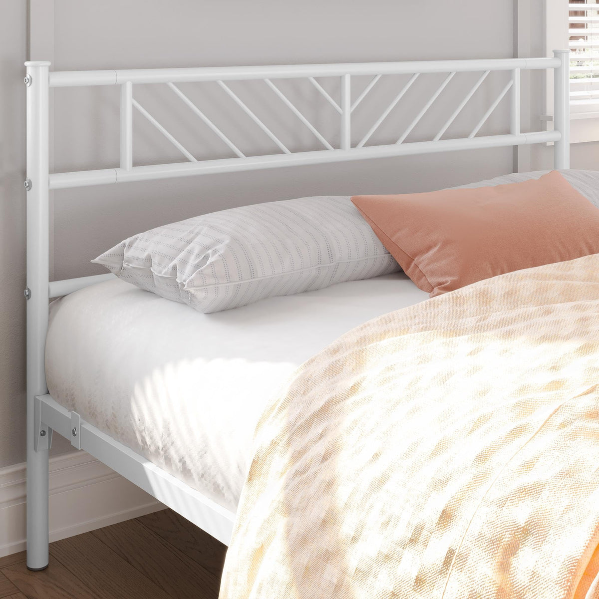 White Full Metal Platform Bed Frame with Arrow Design Headboard Q71446