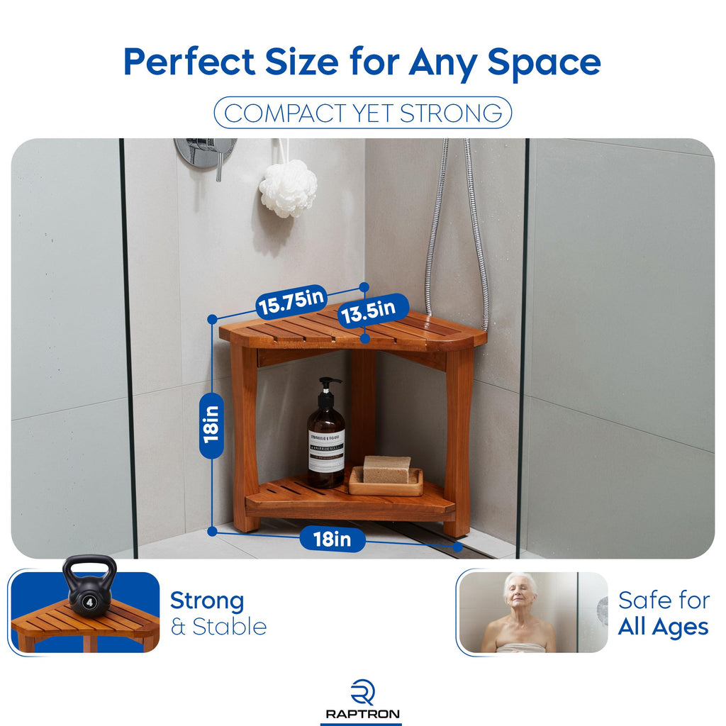 Teak Corner Shower Bench with Storage Shelf Q87459