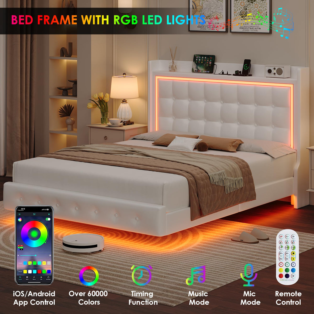 Queen Floating Bed Frame with Storage Headboard, LED Lights & Charging Station M5895