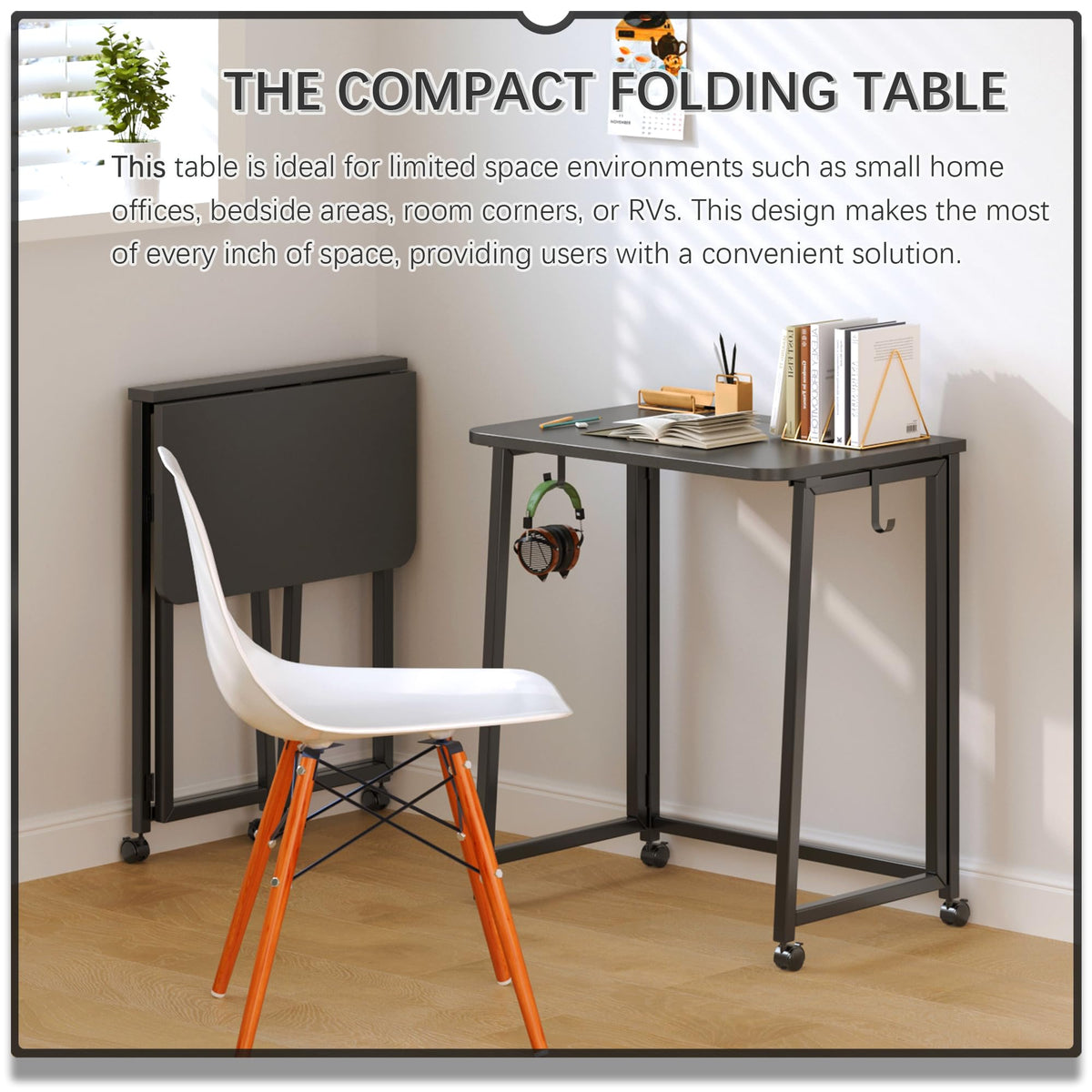 23.6" Folding Mobile Desk with Wheels, All Black M735678