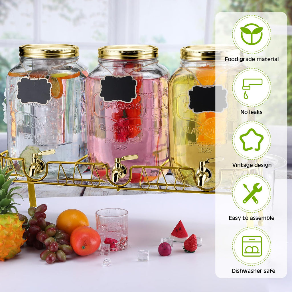 3 Pcs 2 Gallon Glass Drink Dispenser with Stand and Lid N97613