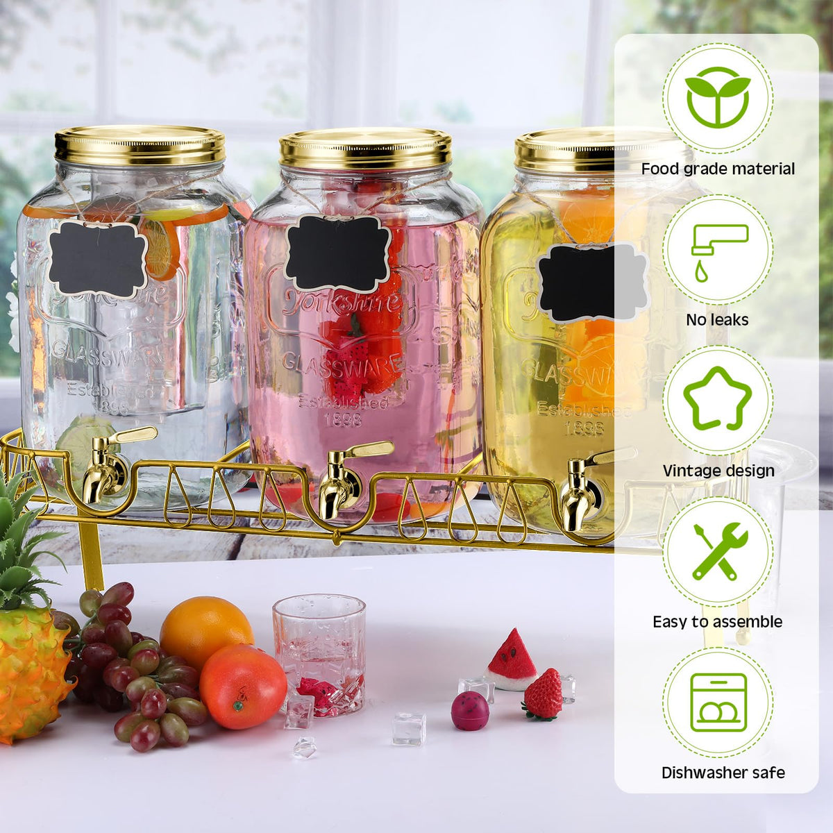 3 Pcs 2 Gallon Glass Drink Dispenser with Stand and Lid N97613