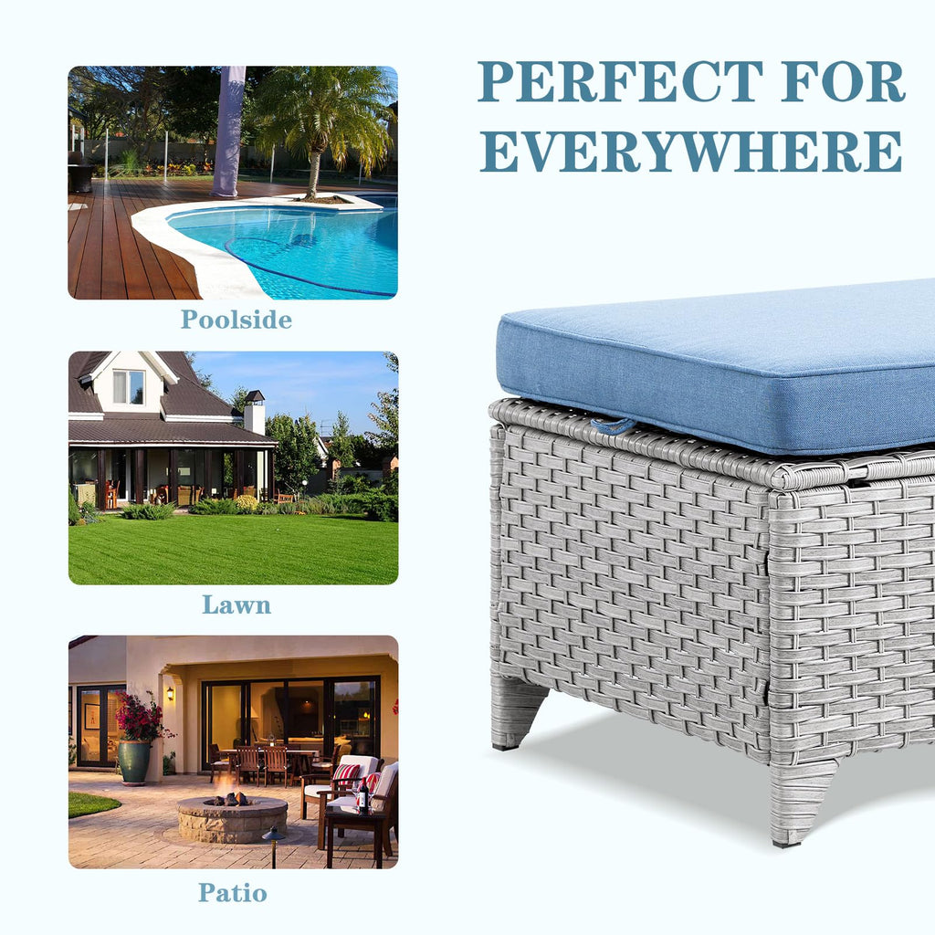 Wicker Outdoor Ottomans Set of 2 Handwoven Rattan Footstools with Removable Cushions C414963