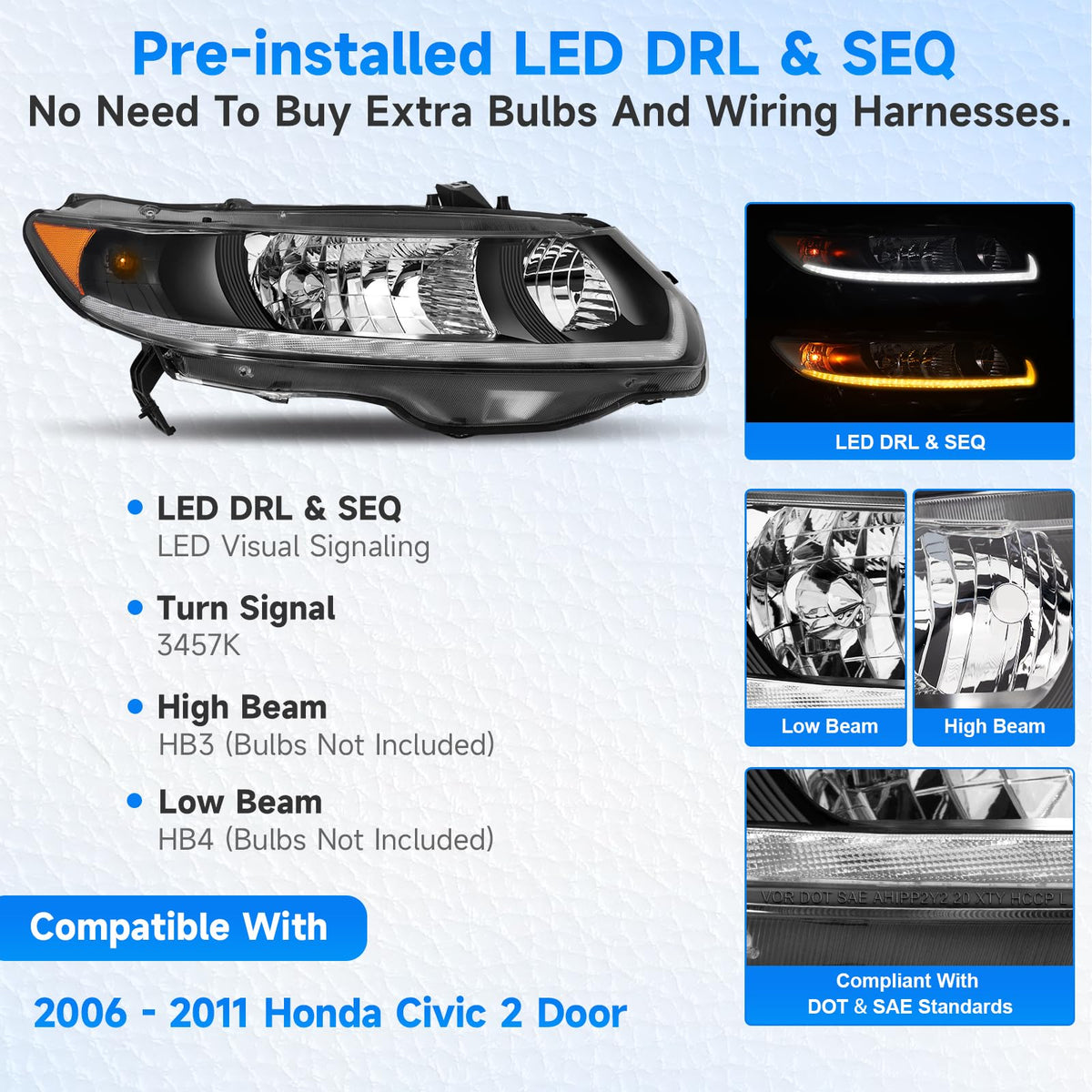 Headlight Assembly for 2006-2011 Honda Civic 2-Door Coupe R64060