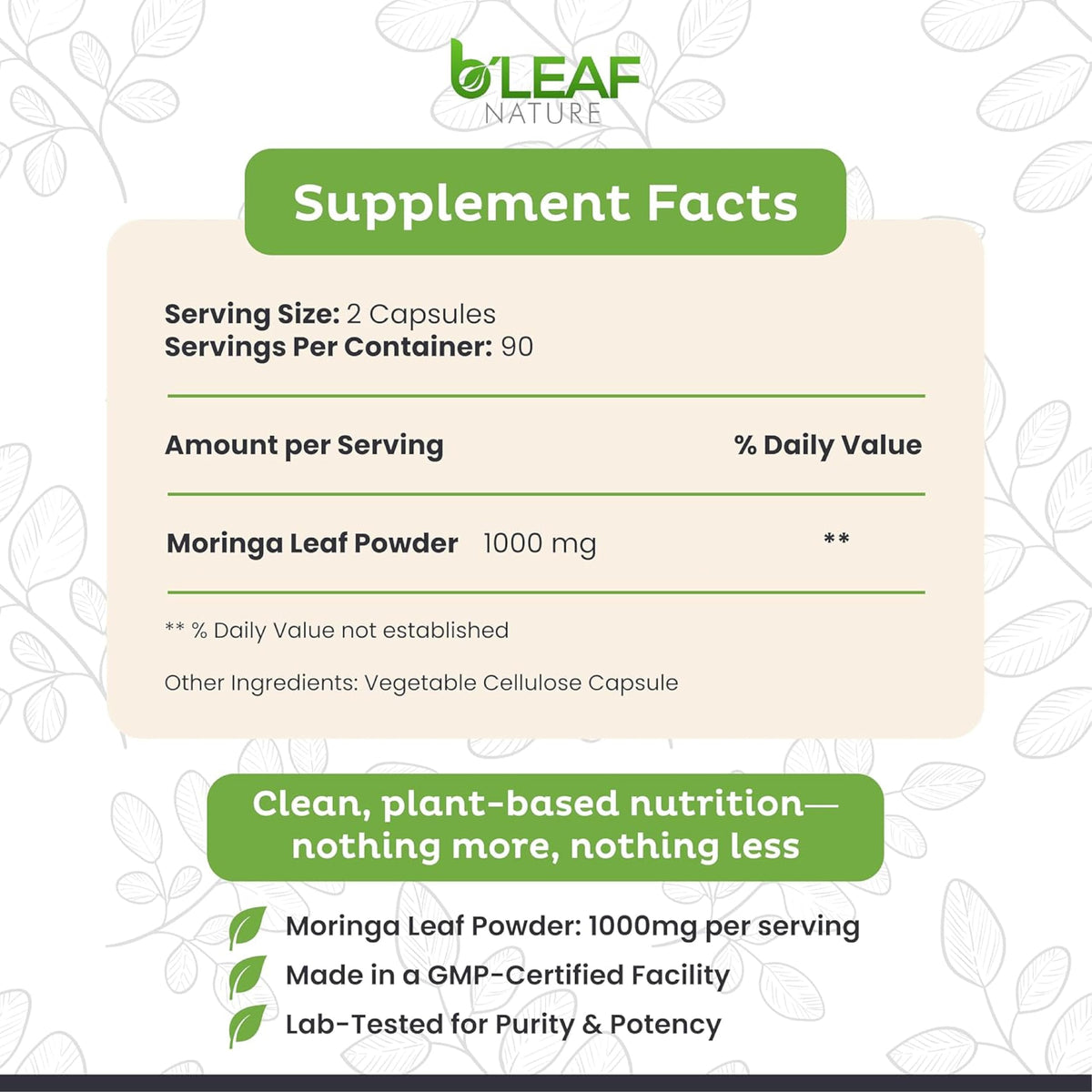 Moringa Leaf Vegan Capsules 1000mg 180 Count E961