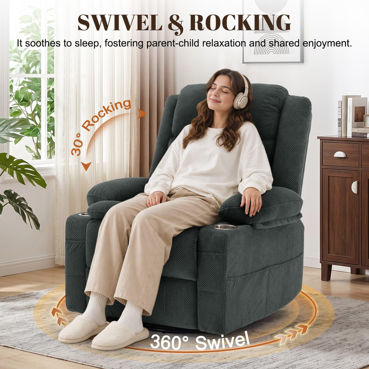 Gray Swivel Rocker Recliner with Massage & Heat B2995