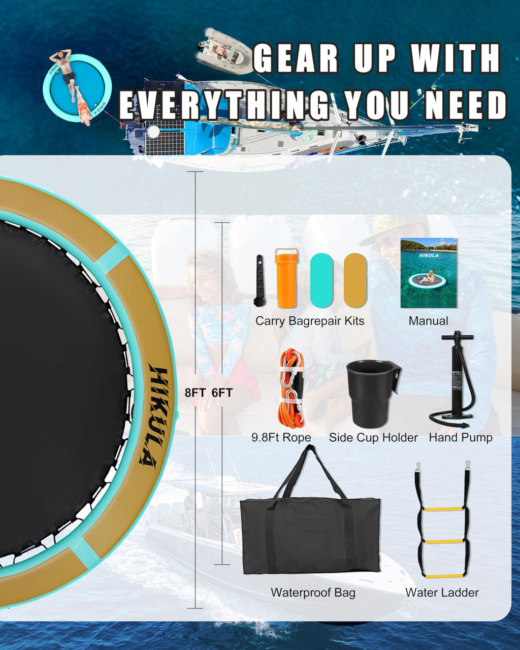 Inflatable Round Floating Ring Water Hammock Dock with Water Ladder and Cup Holder M194346
