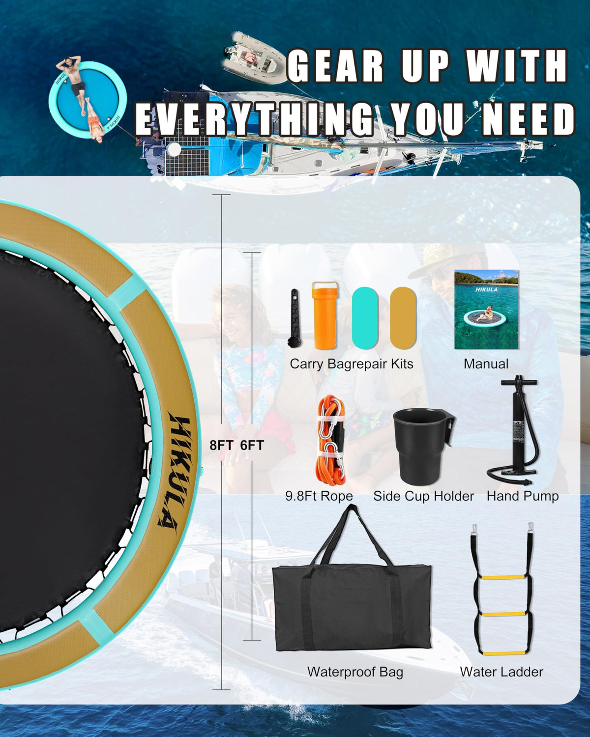 Inflatable Round Floating Ring Water Hammock Dock with Water Ladder and Cup Holder M194346