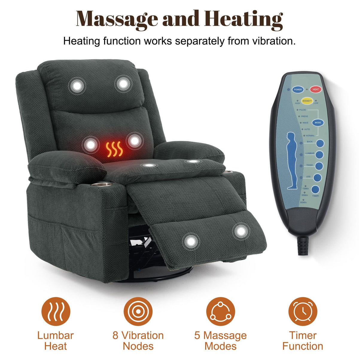 Gray Swivel Rocker Recliner with Massage & Heat B2995