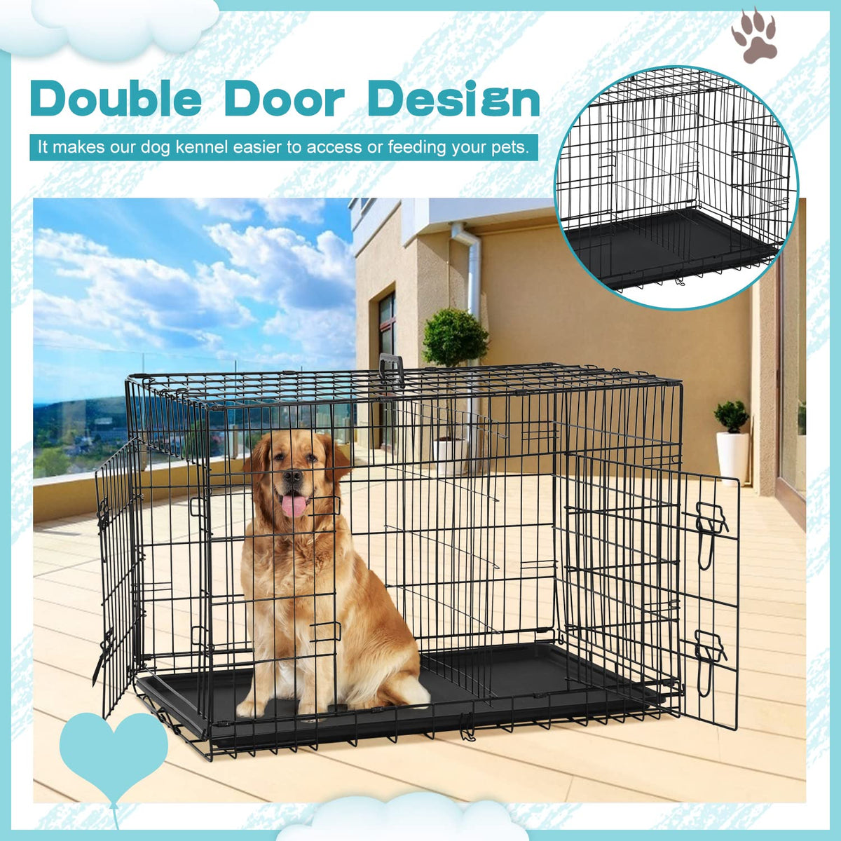 36 Inch Double-Door Metal Dog Crate with Tray and Divider L3477