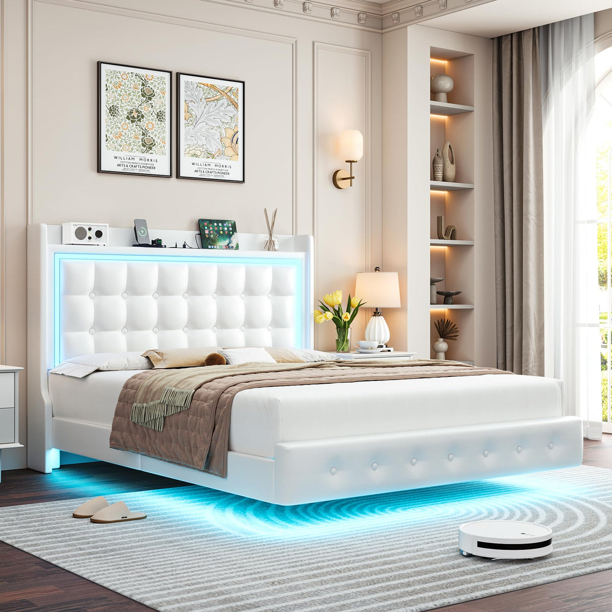 Queen Floating Bed Frame with Storage Headboard, LED Lights & Charging Station M5895