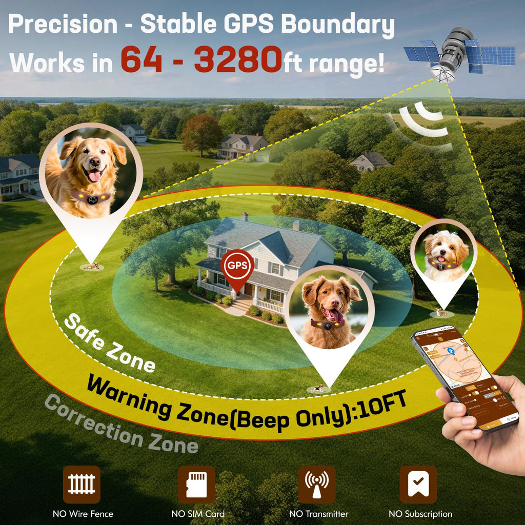 Wireless Dog Fence Collar, 64-3280ft Adjustable, Rechargeable IP7 Waterproof, Brown F5723