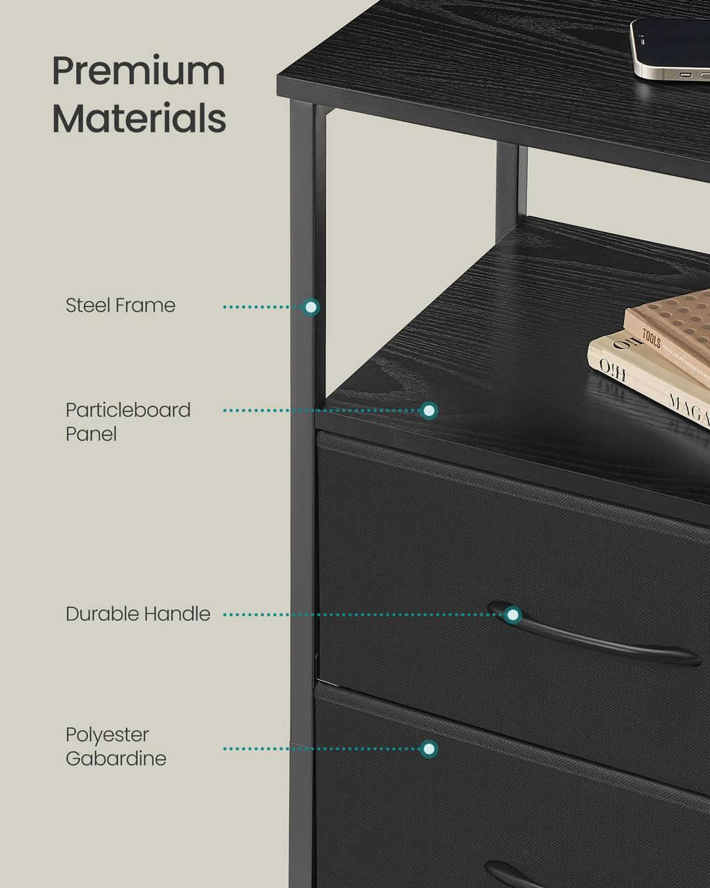 Nightstand with Charging Station, 3 Fabric Drawers Y571403