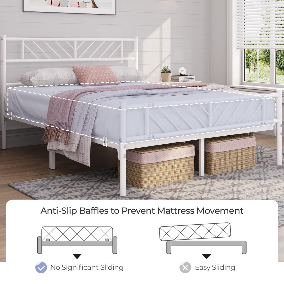 White Full Metal Platform Bed Frame with Arrow Design Headboard Q71446