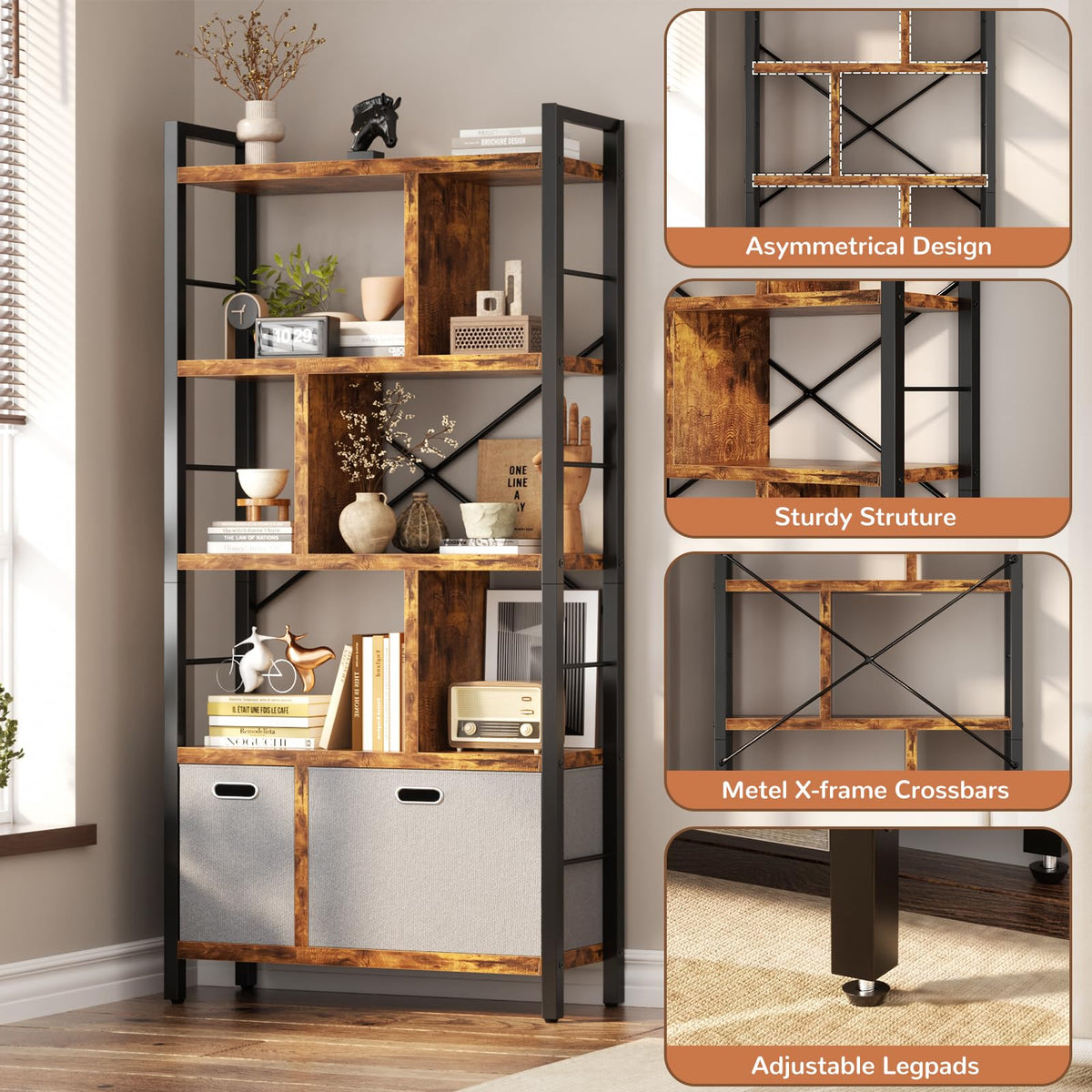 5 Tier Rustic Brown Bookshelf with Drawers Z90611