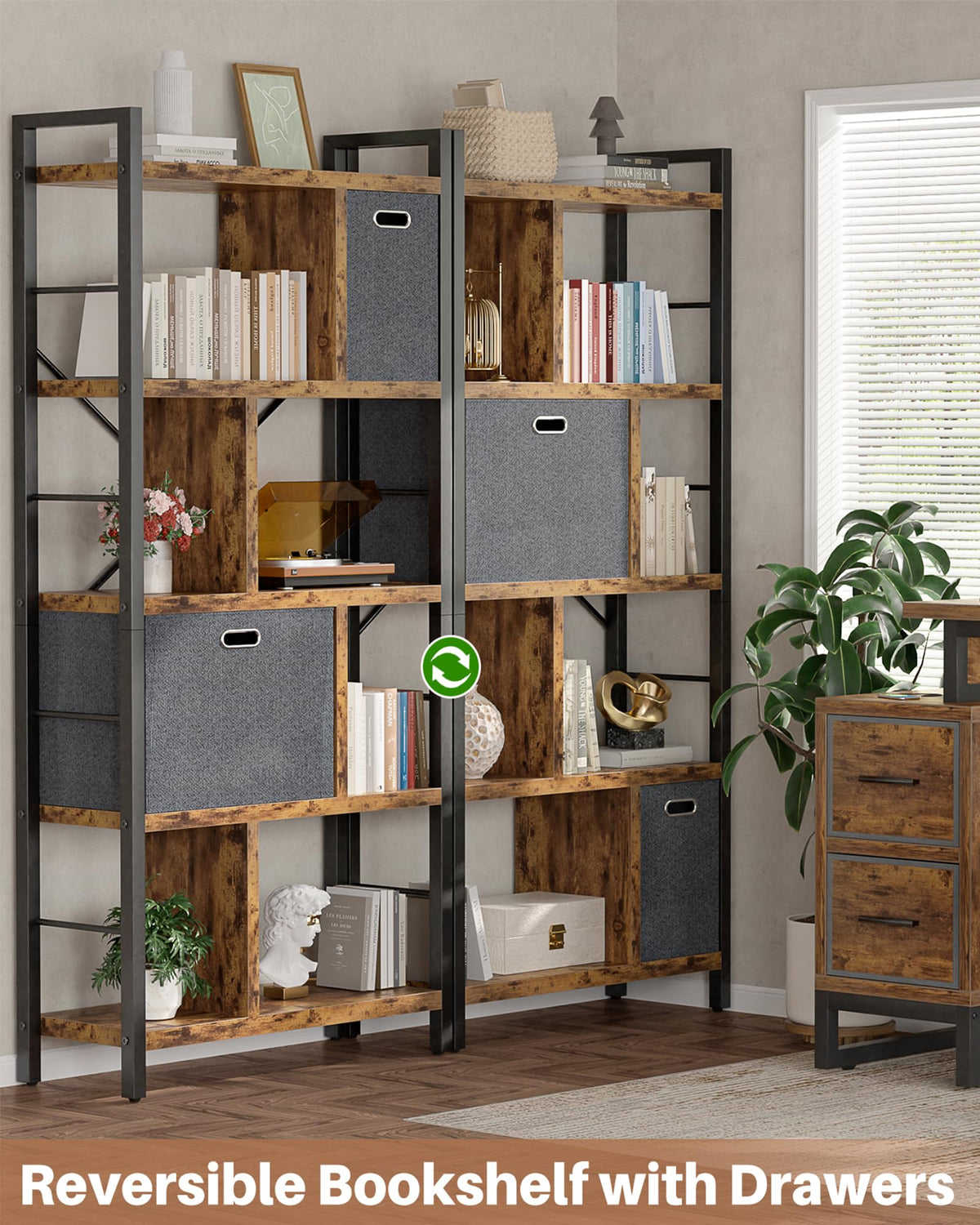 5 Tier Rustic Brown Bookshelf with Drawers Z90611