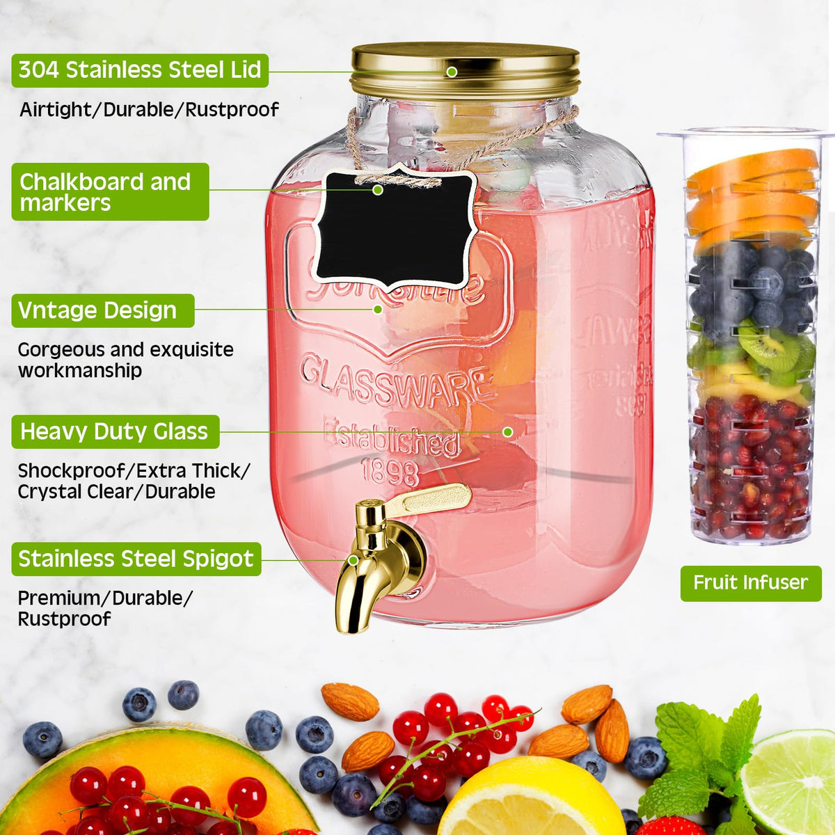 3 Pcs 2 Gallon Glass Drink Dispenser with Stand and Lid N97613